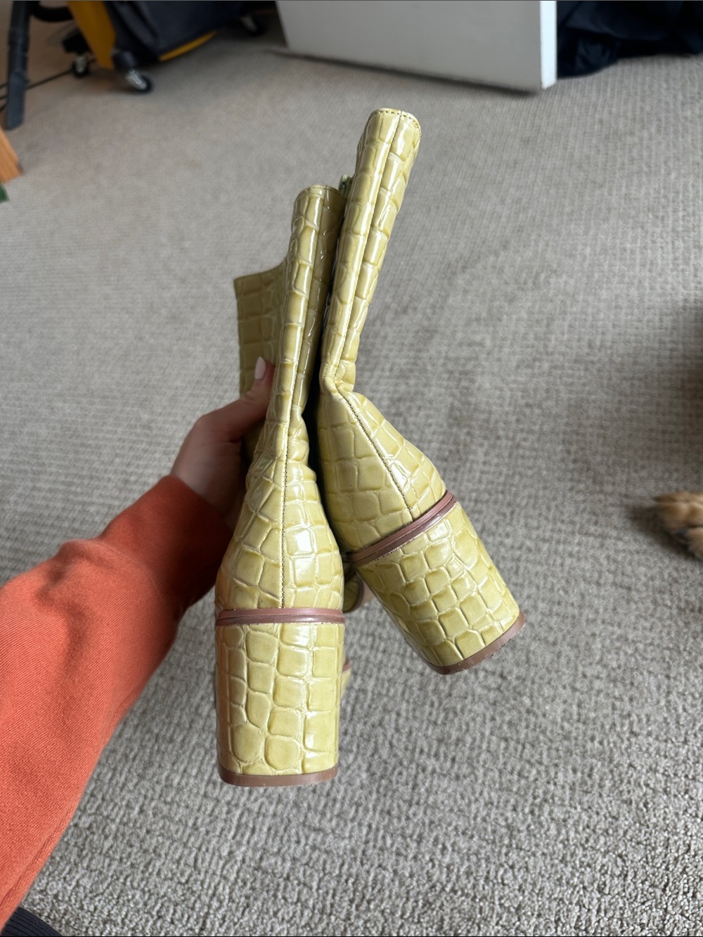 Urban Outfitters chunky chartreuse Bella Croc-Embossed Mid-Calf Block Heel Boots - Picture 5 of 13